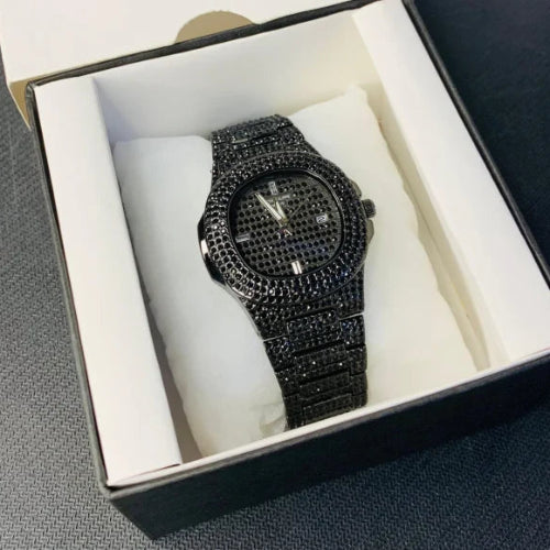 New Watch Collection Black Stone / Blacked Iced Out Stain-less Steel Chain Watch For Mens Fashion (black Without Box)