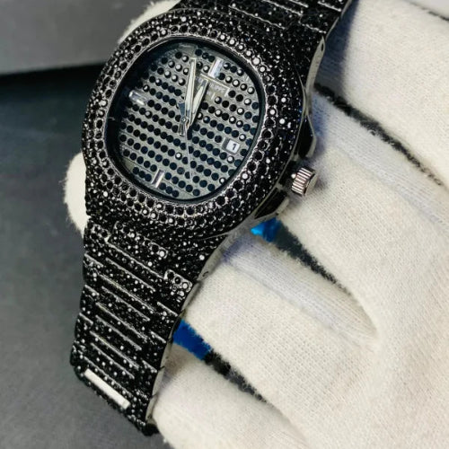 New Watch Collection Black Stone / Blacked Iced Out Stain-less Steel Chain Watch For Mens Fashion (black Without Box)