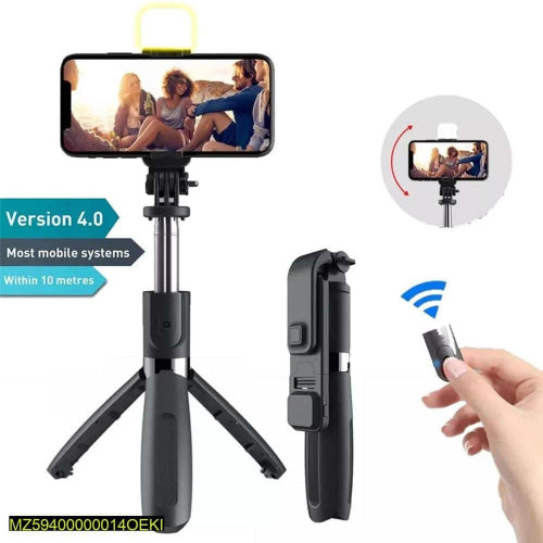 Selfie Stick With LED Light Wireless Bluetooth Foldable Mini Tripod Stand Mobile Holder With Fill Shutter Remote Control For IOS Android - Black