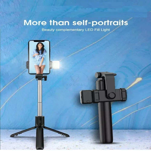 Selfie Stick With LED Light Wireless Bluetooth Foldable Mini Tripod Stand Mobile Holder With Fill Shutter Remote Control For IOS Android - Black