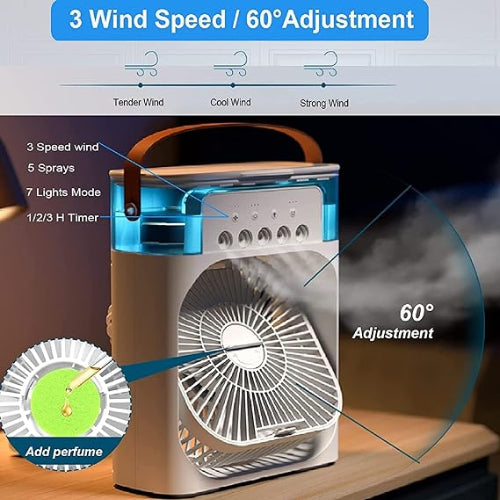 Evaporative Air Cooler with 7 Colors LED Light, 1/2/3 H Timer, 3 Wind Speeds and 3 Spray Modes for Your Desk, Nightstand, or Coffee Table