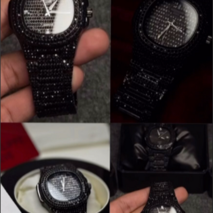 New Watch Collection Black Stone / Blacked Iced Out Stain-less Steel Chain Watch For Mens Fashion (black Without Box)